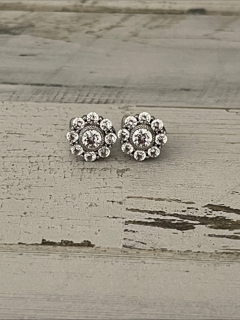 Judith Ripka CZ Halo Cluster Omega Back Earrings 925 Sterling Silver Signed
